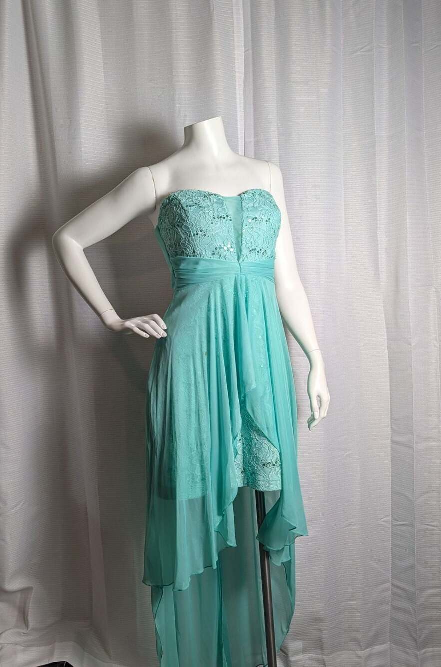Teeze Me Mint Green Strapless High-Low Lace and Sequin Cocktail Prom Dress